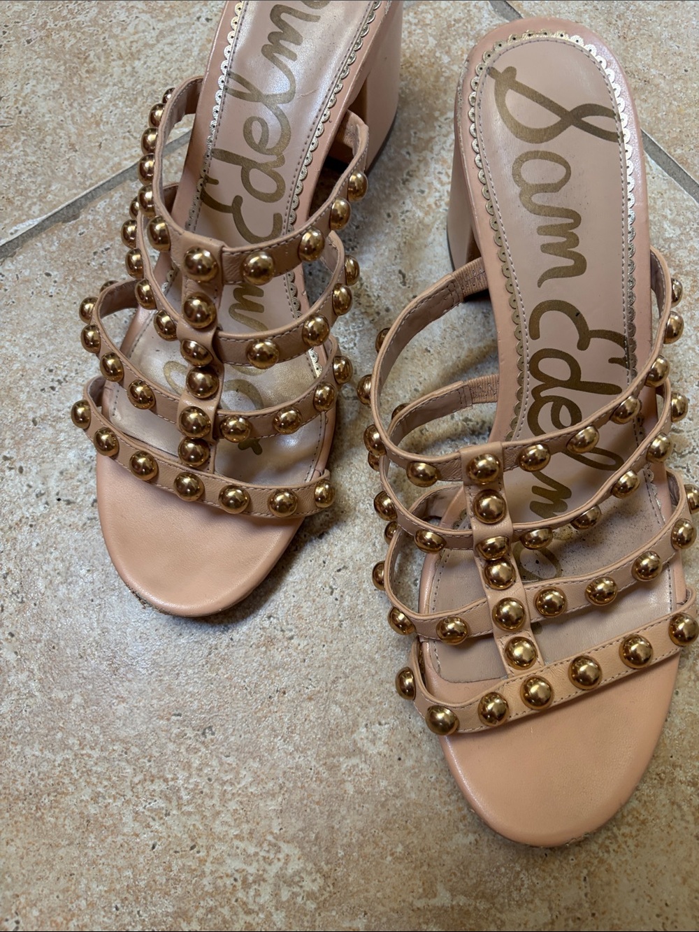 Sam Edelman Blush Tan Studded Strappy Block Heel Sandals